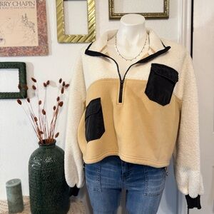 Urban Outfitters Cream and Tan Teddy Jacket with Black Details